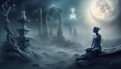 meditation is the biggest secret to meditation, in the style of surreal and dreamlike imagery, photobashing, dark indigo and silver, surrealistic dreamlike scenes, celestialpunk, mist, unconventional poses