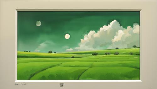 Green field, two moons, sunshine, few clouds