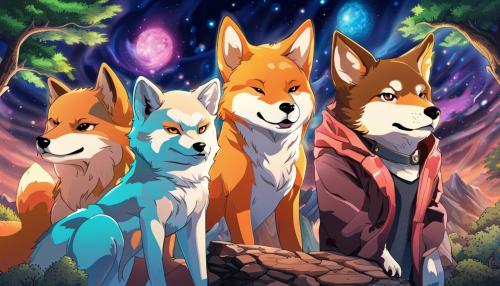 3 spirit animal, a shiba inu, a fox, a wolf with mistery background