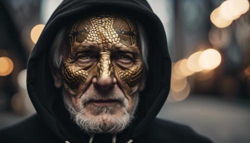 an old man, with whith white old skin in a black hoodie wiht snake golden eye