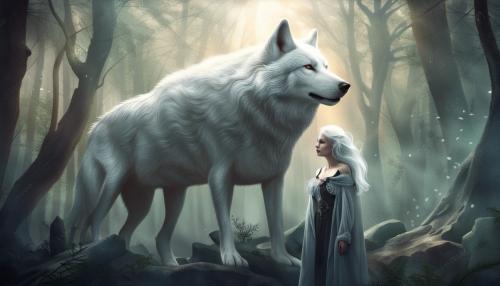 white hair woman with a big and Strong wolf, in a mysterius forest