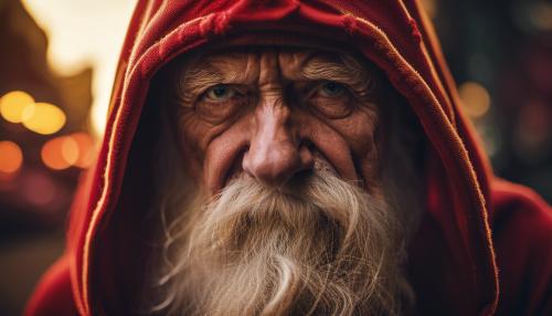 red and gold old man face hood