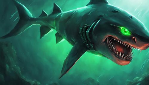 armored shark whit green glowing eyes