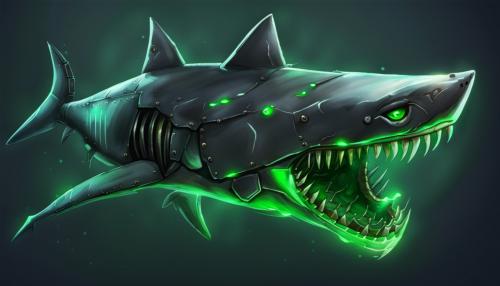 armored shark whit green glowing eyes