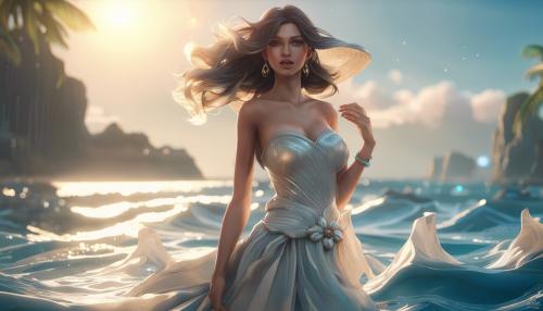 beautiful fashion elegant goddness of water, chic strapless dress, tropical sea background, character design, in the style of artgerm, and wlop, chanel jewelry, cinematic lighting, hyperdetailed, 8 k realistic, symmetrical, global illumination, radiant light, love and mercy, frostbite 3 engine, cryengine, dof, trending on artstation, digital art, crepuscular ray