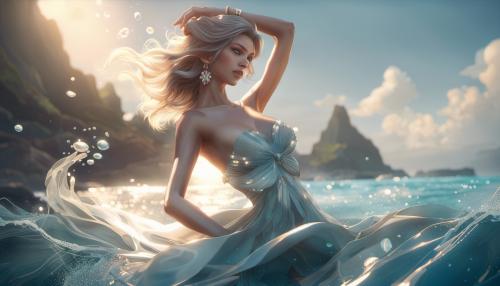 beautiful fashion elegant goddness of water, chic strapless dress, tropical sea background, character design, in the style of artgerm, and wlop, chanel jewelry, cinematic lighting, hyperdetailed, 8 k realistic, symmetrical, global illumination, radiant light, love and mercy, frostbite 3 engine, cryengine, dof, trending on artstation, digital art, crepuscular ray