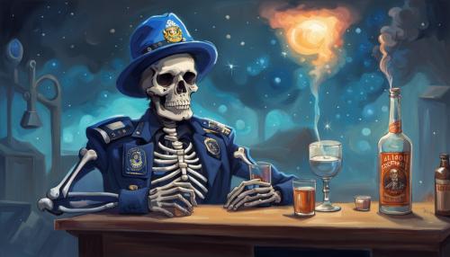 Skeleton wearing a blue campaign cover office of field operations hat and police vest, drinking alcohol bottle saying, “alcohol is fertilizer for stupidity.”