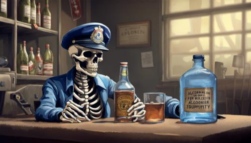 Skeleton wearing a blue campaign cover office of field operations hat and police vest, drinking alcohol bottle saying, “alcohol is fertilizer for stupidity.”