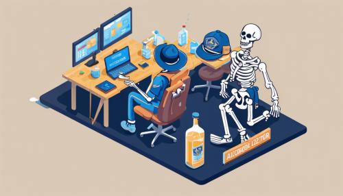 Skeleton wearing a blue campaign cover office of field operations hat and police vest, drinking alcohol bottle saying, “alcohol is fertilizer for stupidity.”