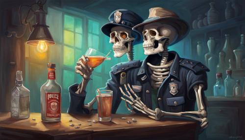 Skeleton wearing a police vest and Campaign hat, drinking alcohol bottle saying, “alcohol is fertilizer for stupidity.”