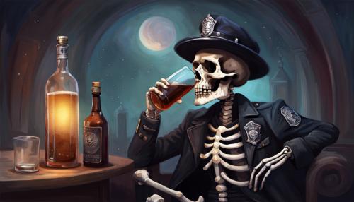 Skeleton wearing a police vest and Campaign hat, drinking alcohol bottle