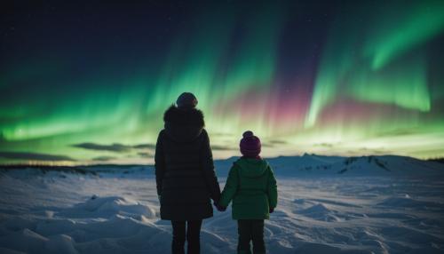 A woman and little daughter admire the Northern Lights