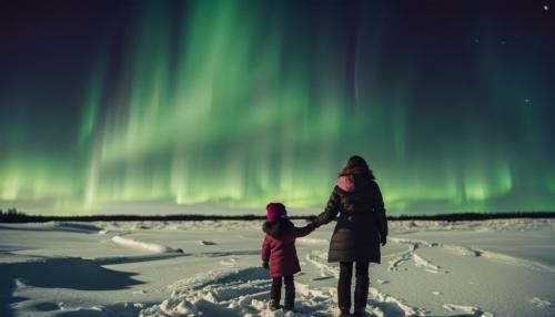 A woman and little daughter admire the Northern Lights