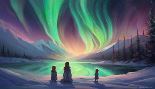 A woman and little daughter admire the Northern Lights