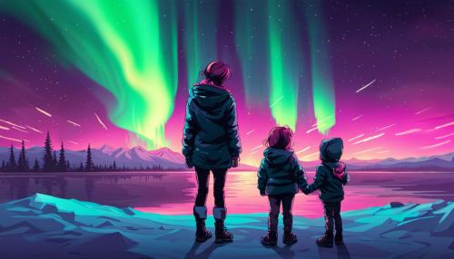 A woman and little daughter admire the Northern Lights