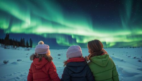 A woman and little daughter admire the Northern Lights