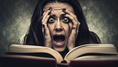 Scared woman reading a horror book