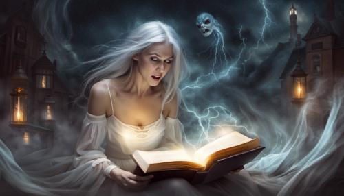 Scared woman reading a horror book