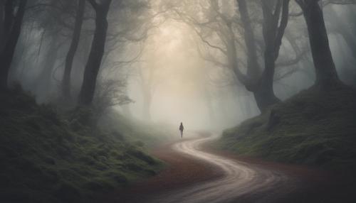 woman escaping along a winding road in a foggy forest