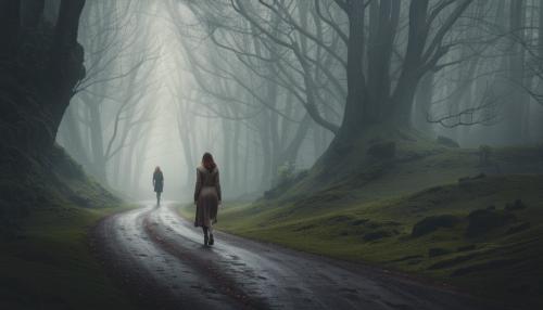 woman escaping along a winding road in a foggy forest