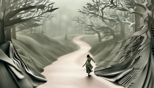 woman escaping along a winding road in a foggy forest