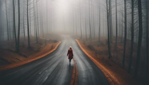 woman escaping along a winding road in a foggy forest