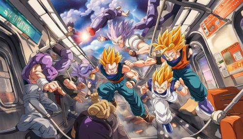 Gogeta, Trunks, and Frieza from dragon ball z are fighting in the sky behind people who are in an aboveground subway train