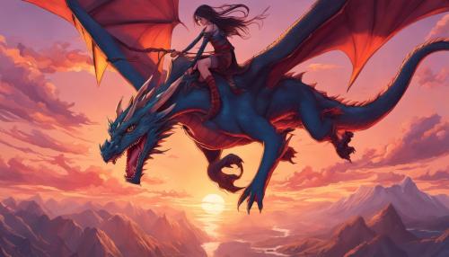 Dragon with female rider on it flying in a beautiful sunset 