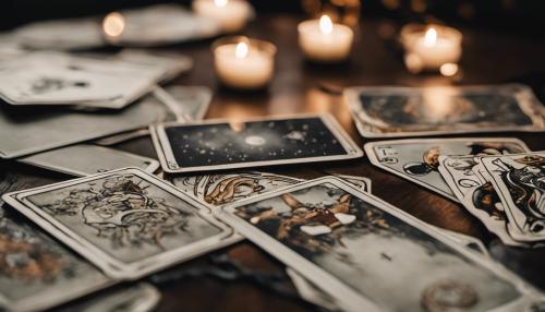 tarot cards on a table the cards have the words sacred souls written on them, the room is dark and the only light comes from a hole in the roof that lets this moon light in