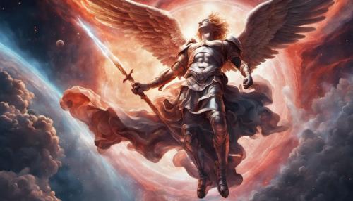 Futuristic Saint Michael archangel defeating Satan in space galaxy