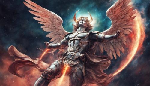 Futuristic Saint Michael archangel defeating Satan in space galaxy