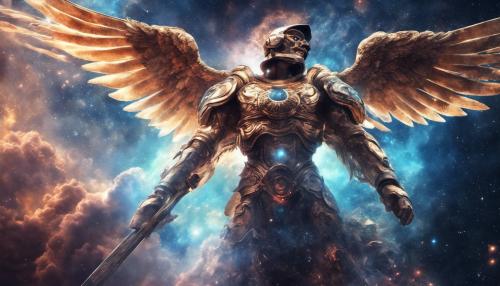 Futuristic Saint Michael archangel battling monster in space galaxy ultra sharp