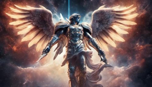 Futuristic Saint Michael archangel battling monster in space galaxy ultra sharp