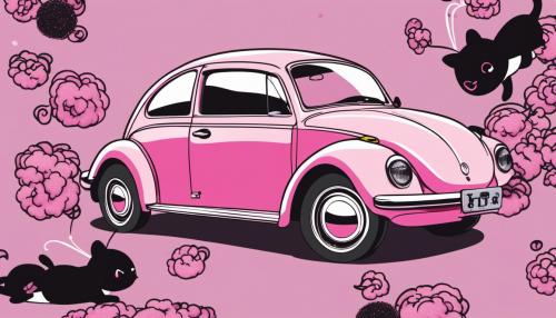 Kuromi from sanrio in a pink volkswagen beetle