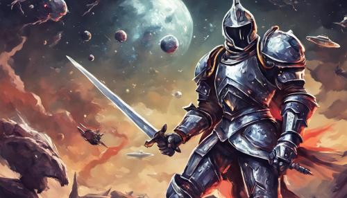 Epic knight in space fighting monsters 