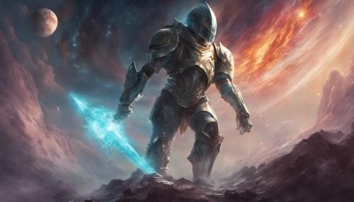 Epic knight in space fighting aliens 