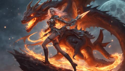 Female warrior in metal bikini riding a dragon, flames, 4k, full moon, stars, beautiful dagger on her hip