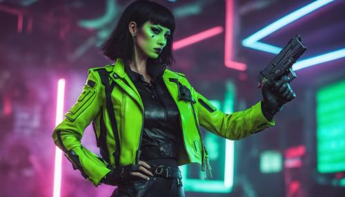 Female warrior in high heel boots pointing a glock pistol dierct to the screen, venom green leather jacket, black hair, black make up, noering, 4k