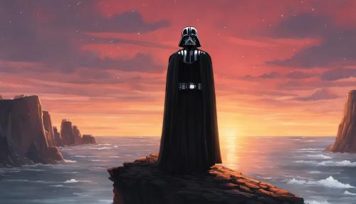 Vader standing on a cliff watching the sunset