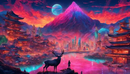 A beatiful cross between animation and reality, depicting brilliant hues of color unimagined by the human eye, all encompassed within an alien mountain range and vivid sky. There is a large strange city with pyschedllic reflections and neon lit rivers, floating lights and geometric patterns. In the street is a warrior ninja samarai elk.