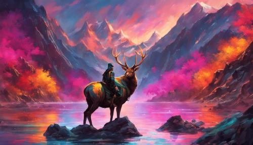 A captivating scene with incredible surrounding visuals. High mountains swallowing a city of gold, engulfed by neon and magical colors. There is water and a shore,on it is the up close image of a large half elk, half man, ninja warrior. He wields 2 swords, many knives, and a large sniper rifle. Half his face and body are covered in loosse, tattered cloth blowing in the wind. The image is flipped, distorted and visible in the water, a reflection.