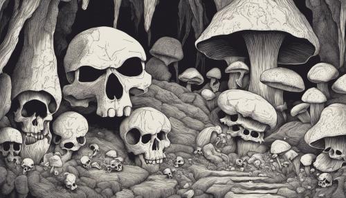 skulls mushrooms cave