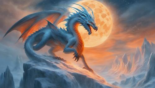 ice dragon with orange mist and blue moon