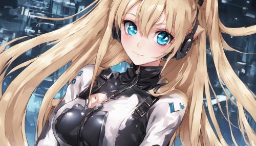 Cute anime girl wearing latex, long blond hair, blue eyes