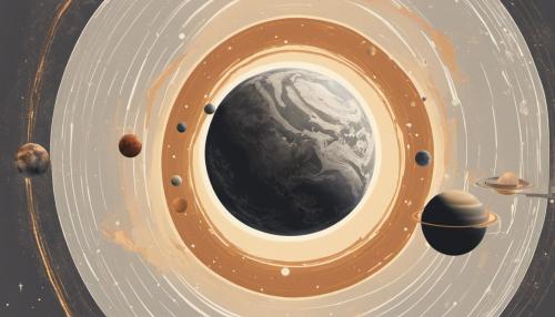 Planet with grey rings, Brown moon, a giant sun, a continent in the north and a continent in the south