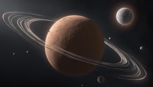 A planet from outer space with a brown moon and grey rings that is orbiting a giant star