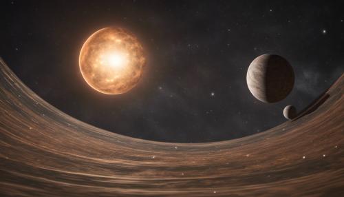 A planet from outer space with a brown moon and grey rings that is orbiting a giant star