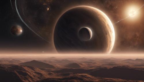 A planet from outer space with a brown moon and grey rings that is orbiting a giant star