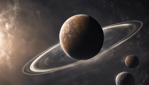 A planet from outer space with a brown moon and grey rings that is orbiting a giant star