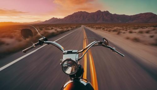 Third person point of view of a Harley Davidson driving away into a colorful sunset with a mountain range kicking up dust